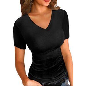 Women's V-Neck T-Shirts - Short and Long Sleeve Casual Ribbed Slim Fitted Tops